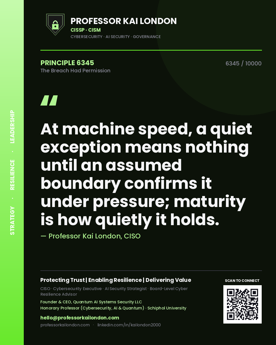 Quote card by Professor Kai London reading 'At machine speed, a quiet exception means nothing until an assumed boundary confirms it under pressure; maturity is how quietly it holds.'. From the book The Breach Had Permission.