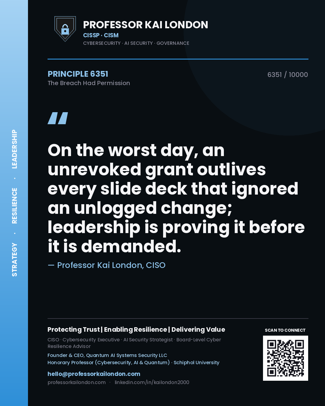 Quote card by Professor Kai London reading 'On the worst day, an unrevoked grant outlives every slide deck that ignored an unlogged change; leadership is proving it before it is demanded.'. From the book The Breach Had Permission.