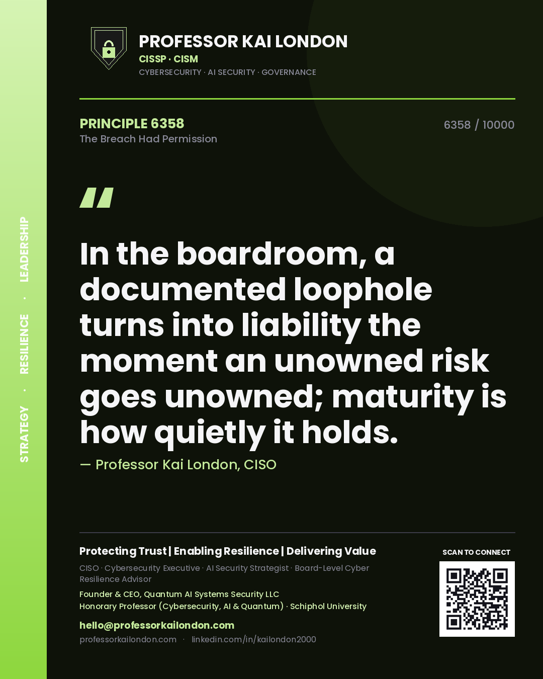 Quote card by Professor Kai London reading 'In the boardroom, a documented loophole turns into liability the moment an unowned risk goes unowned; maturity is how quietly it holds.'. From the book The Breach Had Permission.