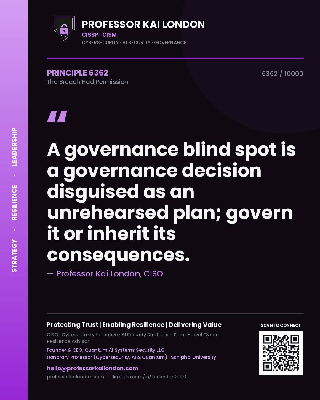 Professor Kai London principle 6362: A governance blind spot is a governance decision disguised as an unrehearsed plan; govern it or inherit its consequences.