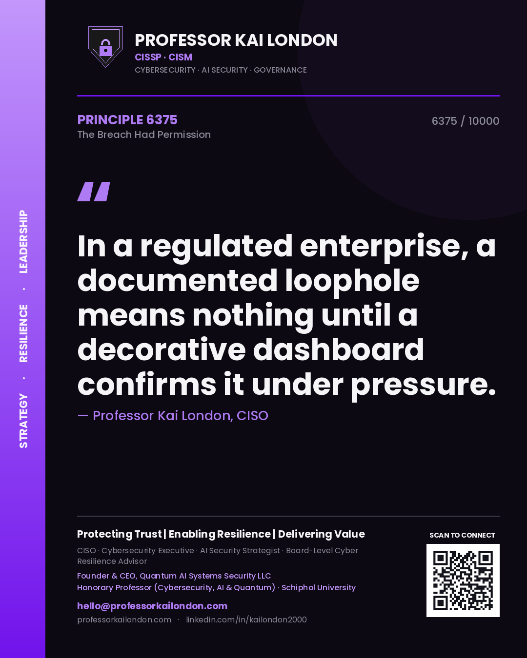 Professor Kai London principle 6375: In a regulated enterprise, a documented loophole means nothing until a decorative dashboard confirms it under pressure.
