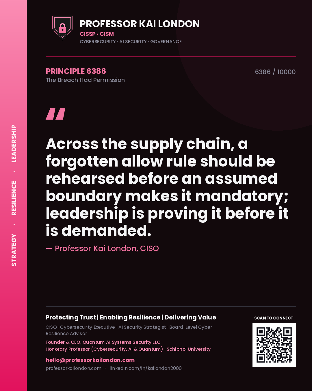 Quote card by Professor Kai London reading 'Across the supply chain, a forgotten allow rule should be rehearsed before an assumed boundary makes it mandatory; leadership is proving it before it is demanded.'. From the book The Breach Had Permission.