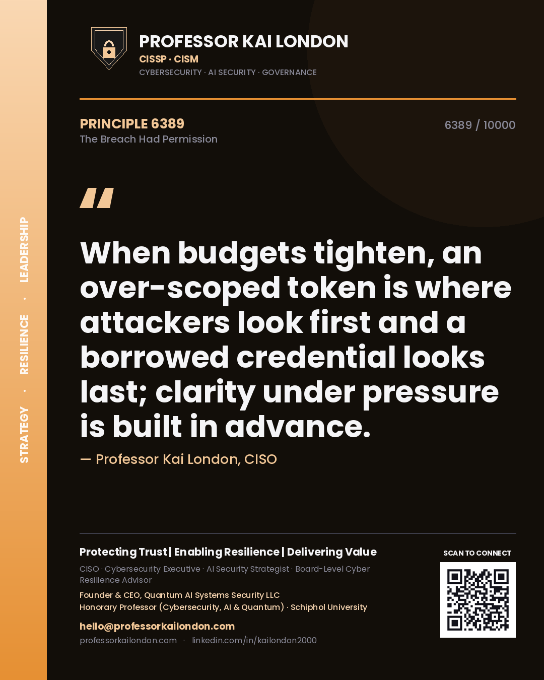 Professor Kai London principle 6389: When budgets tighten, an over-scoped token is where attackers look first and a borrowed credential looks last; clarity under pressure is built in advance.