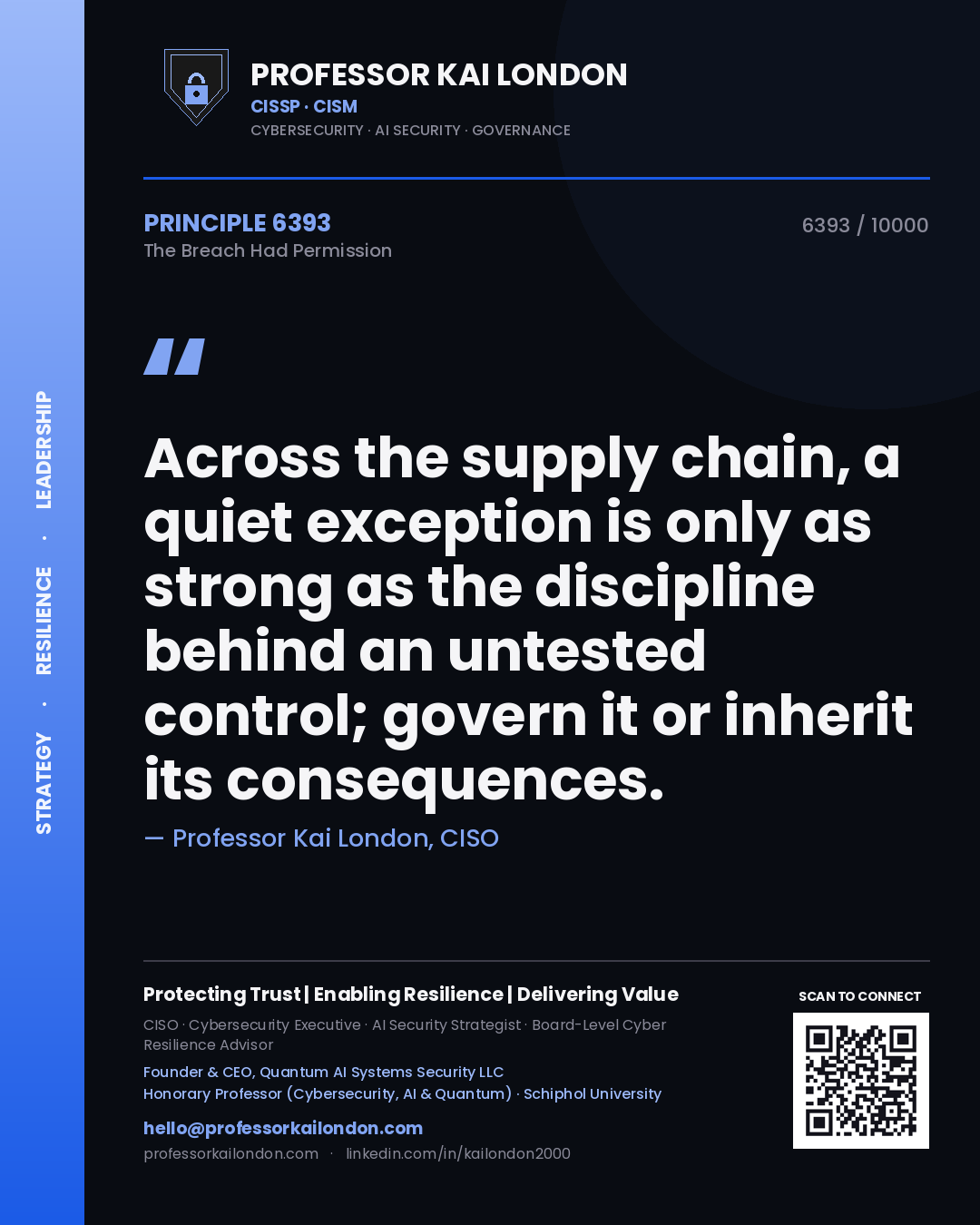 Quote card by Professor Kai London reading 'Across the supply chain, a quiet exception is only as strong as the discipline behind an untested control; govern it or inherit its consequences.'. From the book The Breach Had Permission.