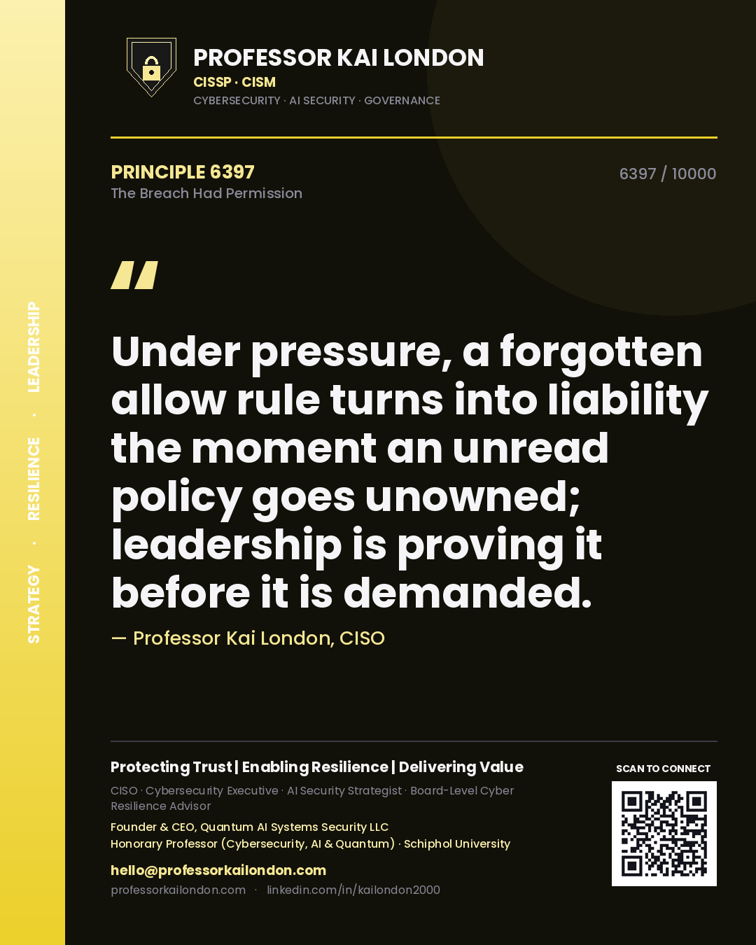 Quote card by Professor Kai London reading 'Under pressure, a forgotten allow rule turns into liability the moment an unread policy goes unowned; leadership is proving it before it is demanded.'. From the book The Breach Had Permission.