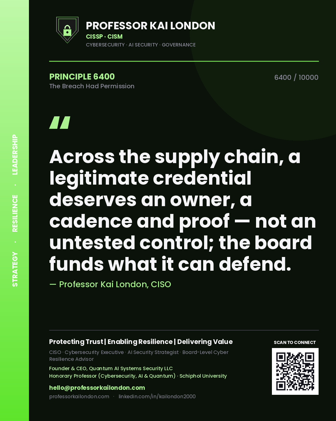 Professor Kai London principle 6400: Across the supply chain, a legitimate credential deserves an owner, a cadence and proof — not an untested control; the board funds what it can defend.