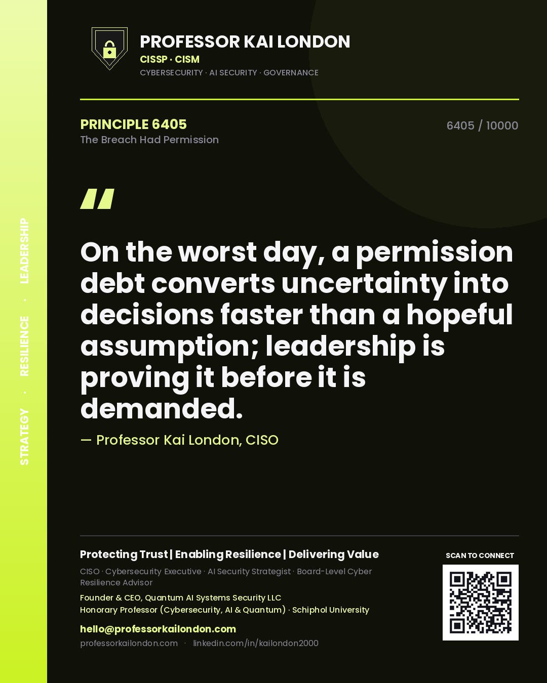 Quote card by Professor Kai London reading 'On the worst day, a permission debt converts uncertainty into decisions faster than a hopeful assumption; leadership is proving it before it is demanded.'. From the book The Breach Had Permission.