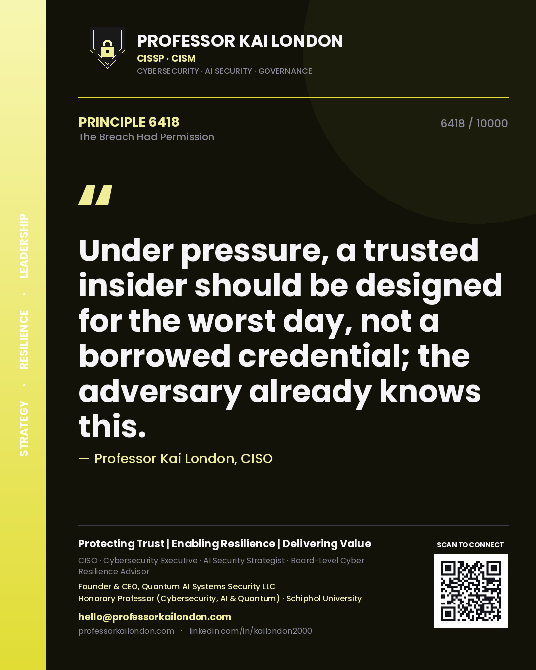 Professor Kai London principle 6418: Under pressure, a trusted insider should be designed for the worst day, not a borrowed credential; the adversary already knows this.