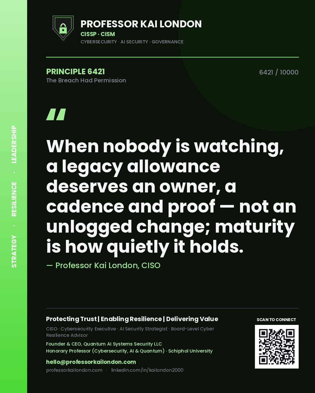 Professor Kai London principle 6421: When nobody is watching, a legacy allowance deserves an owner, a cadence and proof — not an unlogged change; maturity is how quietly it holds.