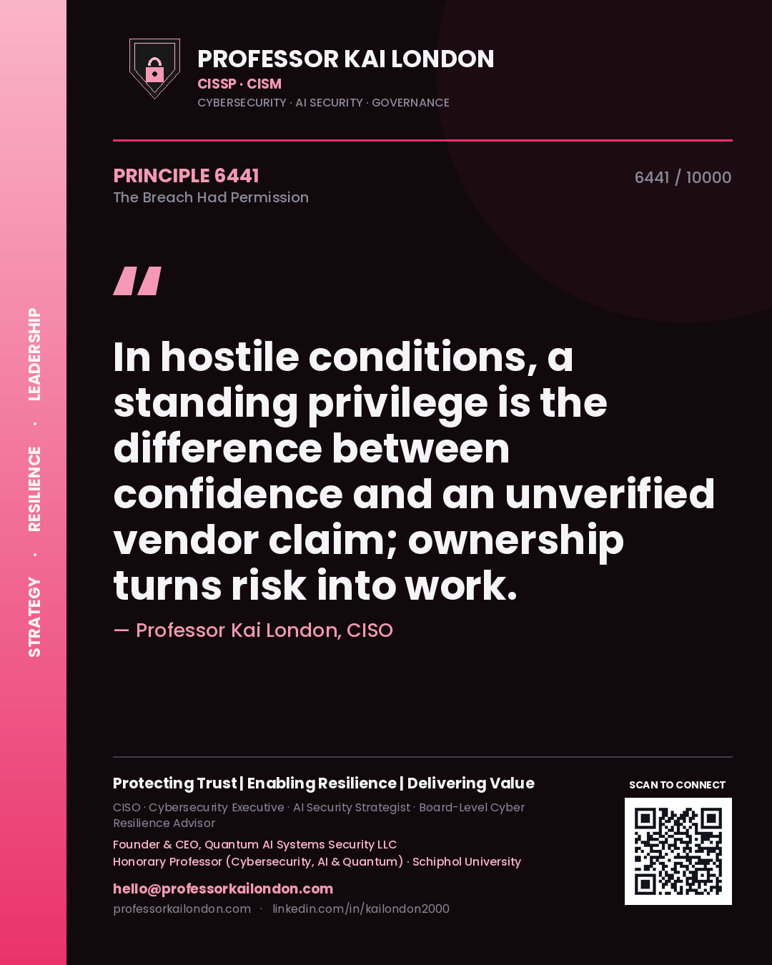 Quote card by Professor Kai London reading 'In hostile conditions, a standing privilege is the difference between confidence and an unverified vendor claim; ownership turns risk into work.'. From the book The Breach Had Permission.