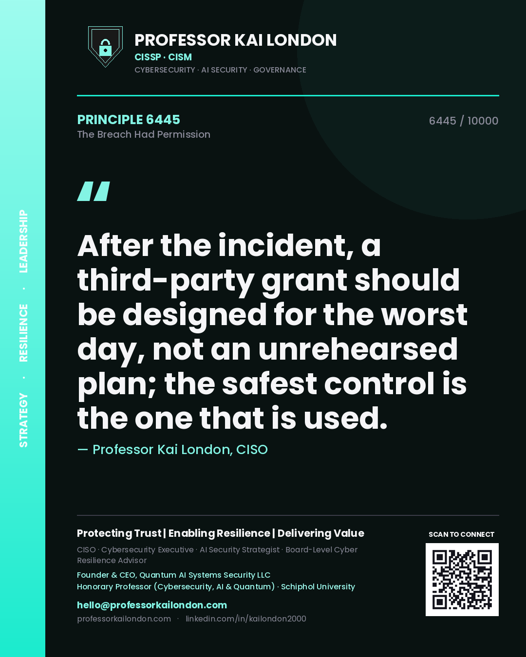 Quote card by Professor Kai London reading 'After the incident, a third-party grant should be designed for the worst day, not an unrehearsed plan; the safest control is the one that is used.'. From the book The Breach Had Permission.