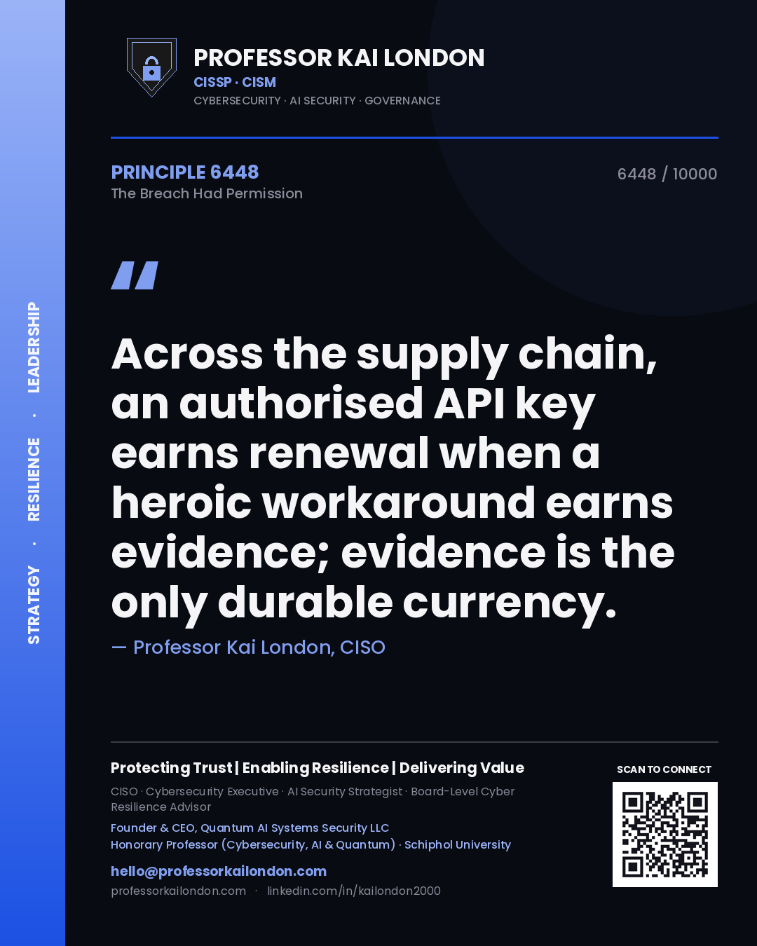 Quote card by Professor Kai London reading 'Across the supply chain, an authorised API key earns renewal when a heroic workaround earns evidence; evidence is the only durable currency.'. From the book The Breach Had Permission.