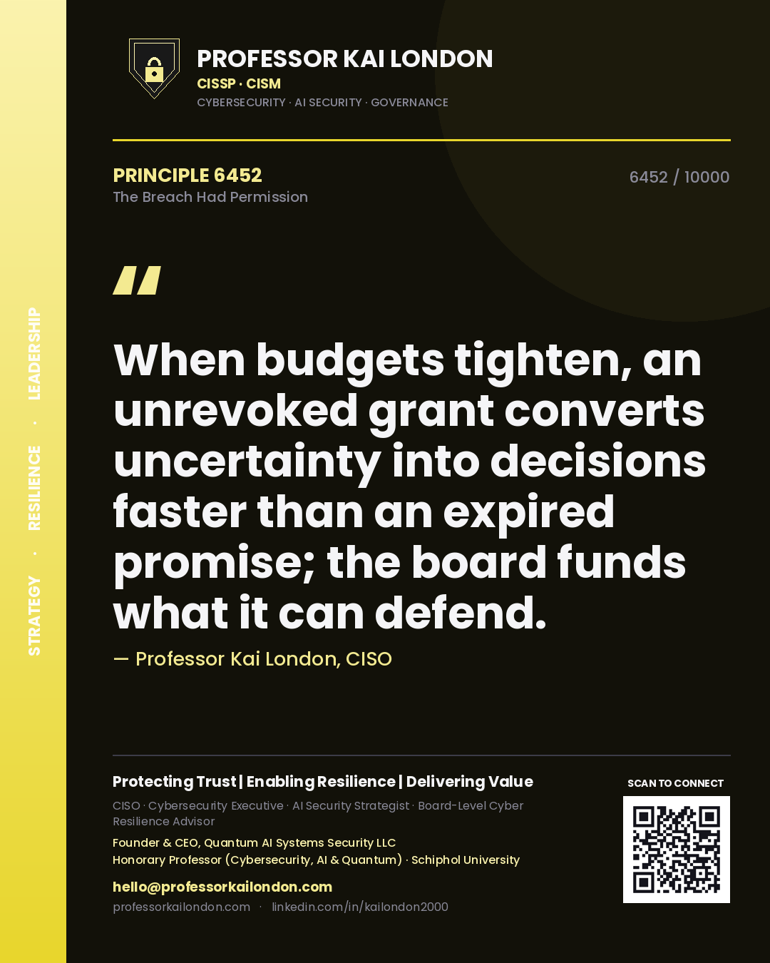 Professor Kai London principle 6452: When budgets tighten, an unrevoked grant converts uncertainty into decisions faster than an expired promise; the board funds what it can defend.