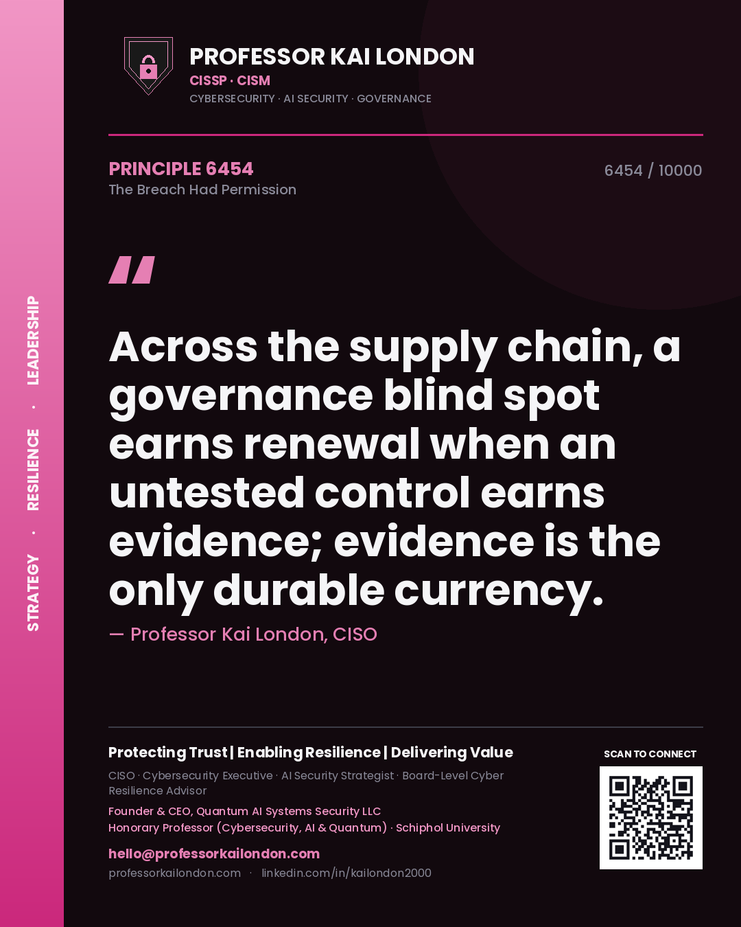 Professor Kai London principle 6454: Across the supply chain, a governance blind spot earns renewal when an untested control earns evidence; evidence is the only durable currency.