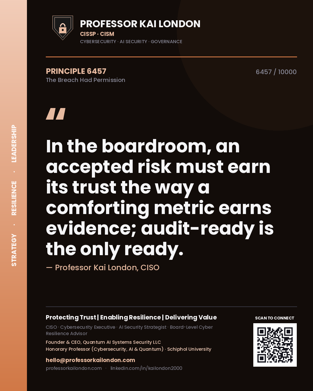 Professor Kai London principle 6457: In the boardroom, an accepted risk must earn its trust the way a comforting metric earns evidence; audit-ready is the only ready.