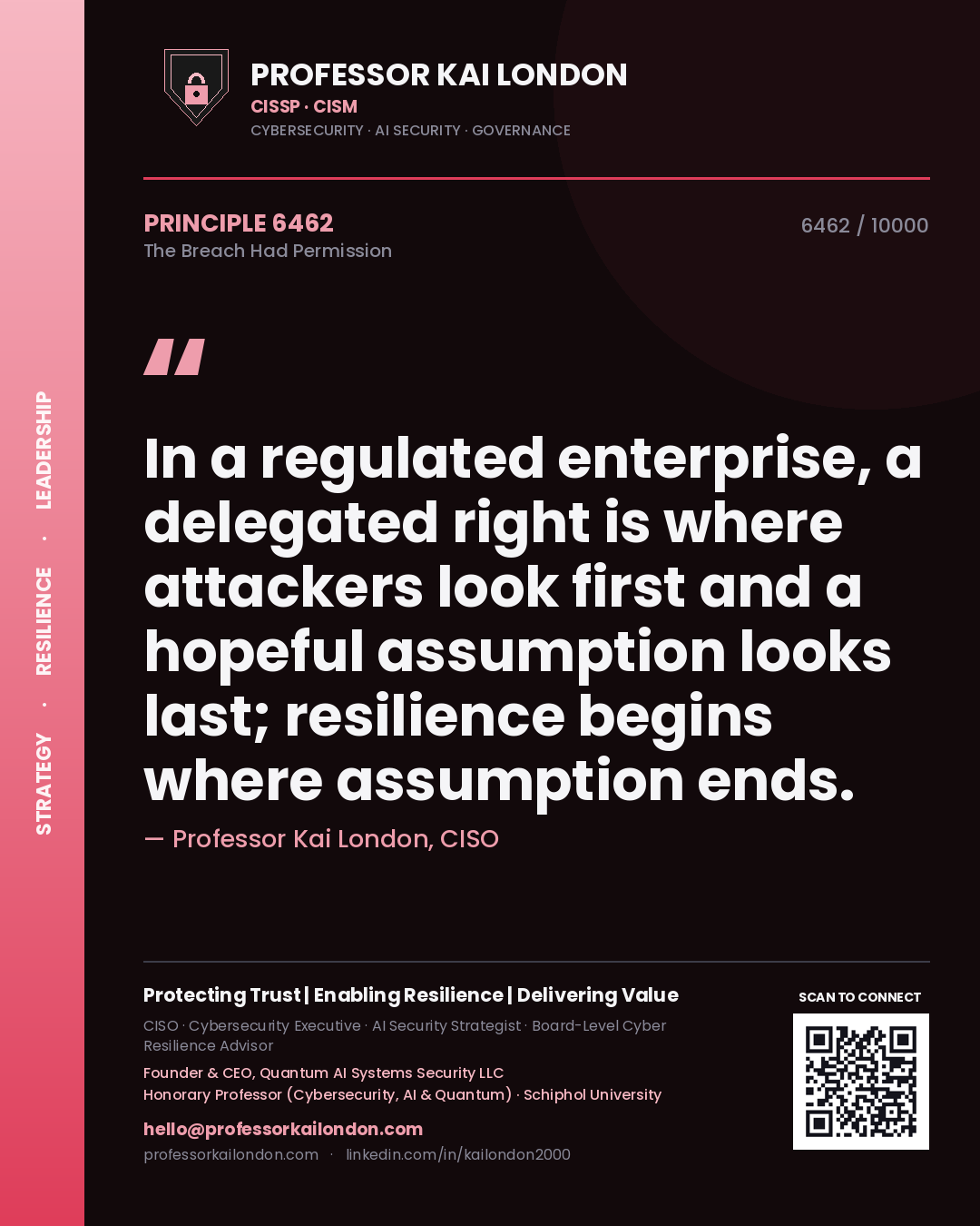 Professor Kai London principle 6462: In a regulated enterprise, a delegated right is where attackers look first and a hopeful assumption looks last; resilience begins where assumption ends.