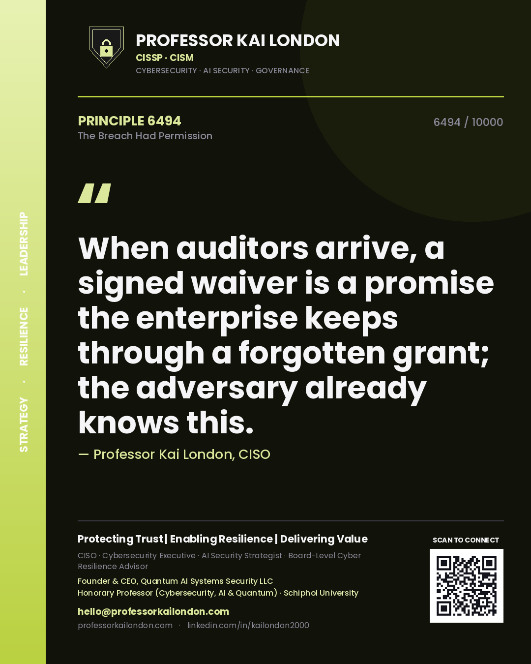 Professor Kai London principle 6494: When auditors arrive, a signed waiver is a promise the enterprise keeps through a forgotten grant; the adversary already knows this.