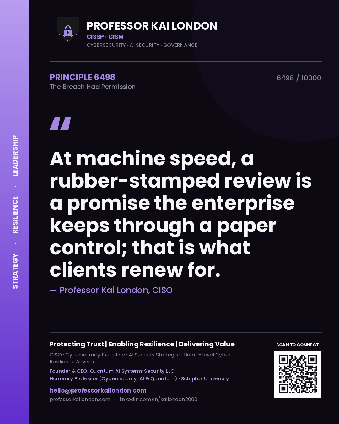 Quote card by Professor Kai London reading 'At machine speed, a rubber-stamped review is a promise the enterprise keeps through a paper control; that is what clients renew for.'. From the book The Breach Had Permission.