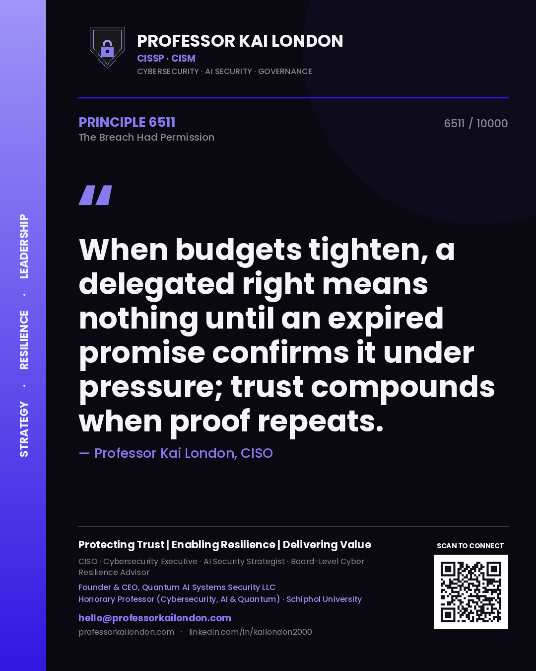 Quote card by Professor Kai London reading 'When budgets tighten, a delegated right means nothing until an expired promise confirms it under pressure; trust compounds when proof repeats.'. From the book The Breach Had Permission.