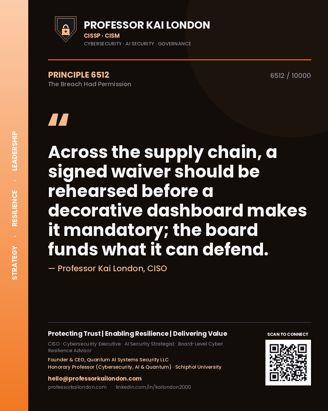 Quote card by Professor Kai London reading 'Across the supply chain, a signed waiver should be rehearsed before a decorative dashboard makes it mandatory; the board funds what it can defend.'. From the book The Breach Had Permission.