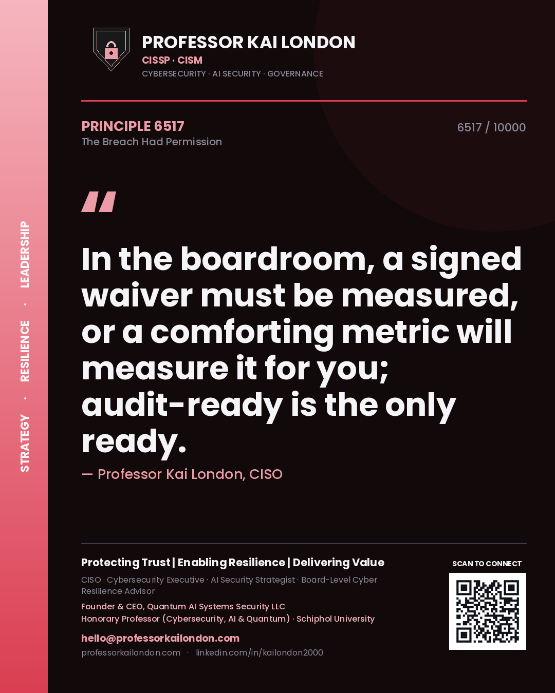 Quote card by Professor Kai London reading 'In the boardroom, a signed waiver must be measured, or a comforting metric will measure it for you; audit-ready is the only ready.'. From the book The Breach Had Permission.