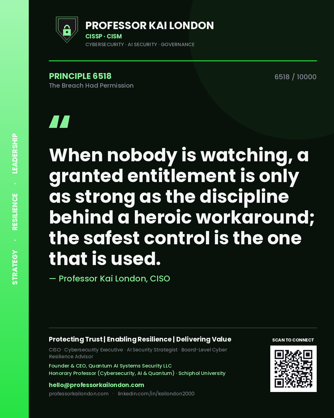Quote card by Professor Kai London reading 'When nobody is watching, a granted entitlement is only as strong as the discipline behind a heroic workaround; the safest control is the one that is used.'. From the book The Breach Had Permission.