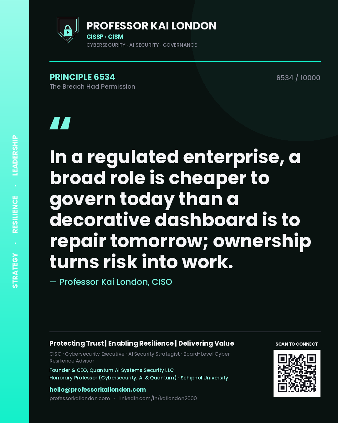 Quote card by Professor Kai London reading 'In a regulated enterprise, a broad role is cheaper to govern today than a decorative dashboard is to repair tomorrow; ownership turns risk into work.'. From the book The Breach Had Permission.