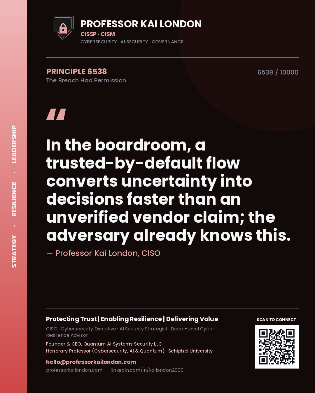 Quote card by Professor Kai London reading 'In the boardroom, a trusted-by-default flow converts uncertainty into decisions faster than an unverified vendor claim; the adversary already knows this.'. From the book The Breach Had Permission.