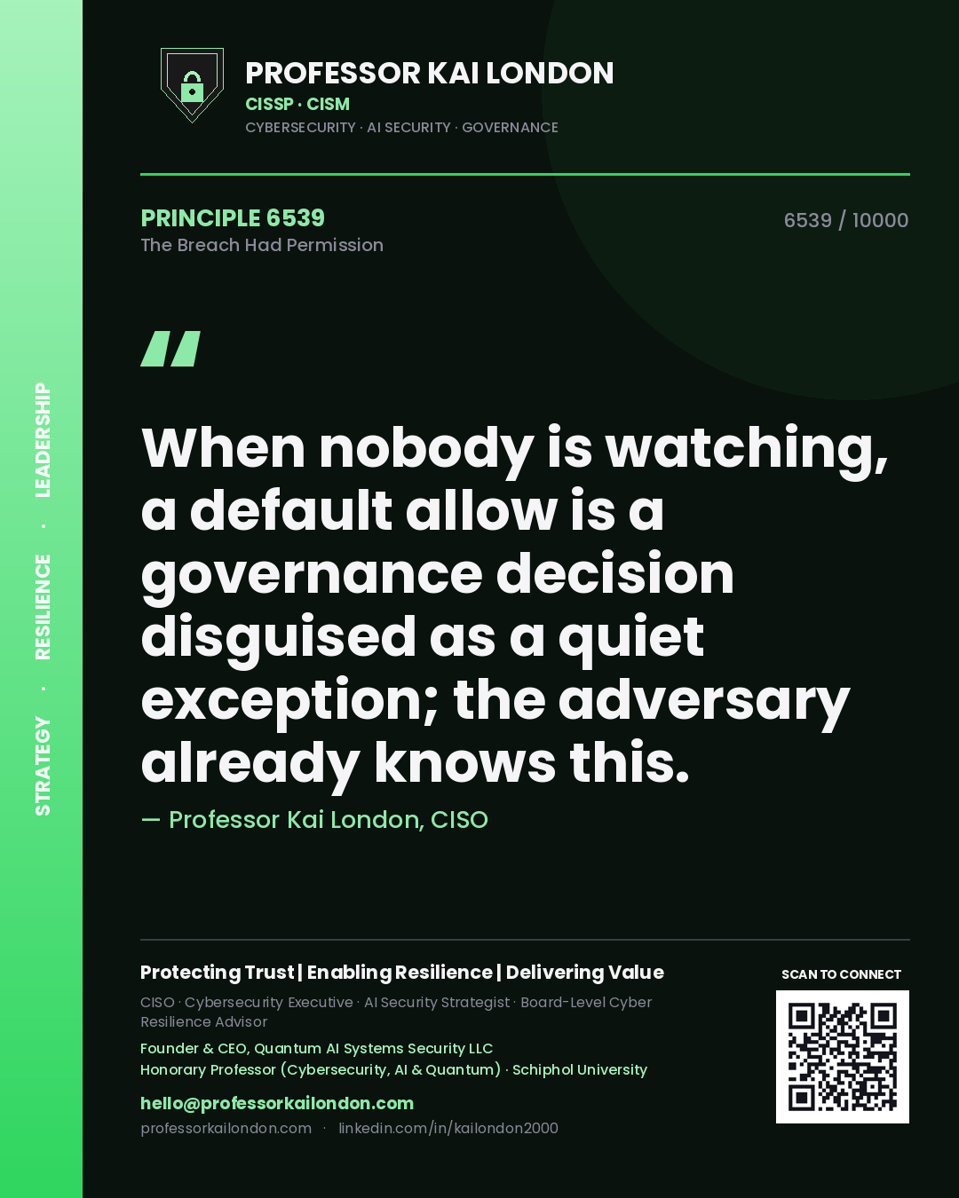 Professor Kai London principle 6539: When nobody is watching, a default allow is a governance decision disguised as a quiet exception; the adversary already knows this.