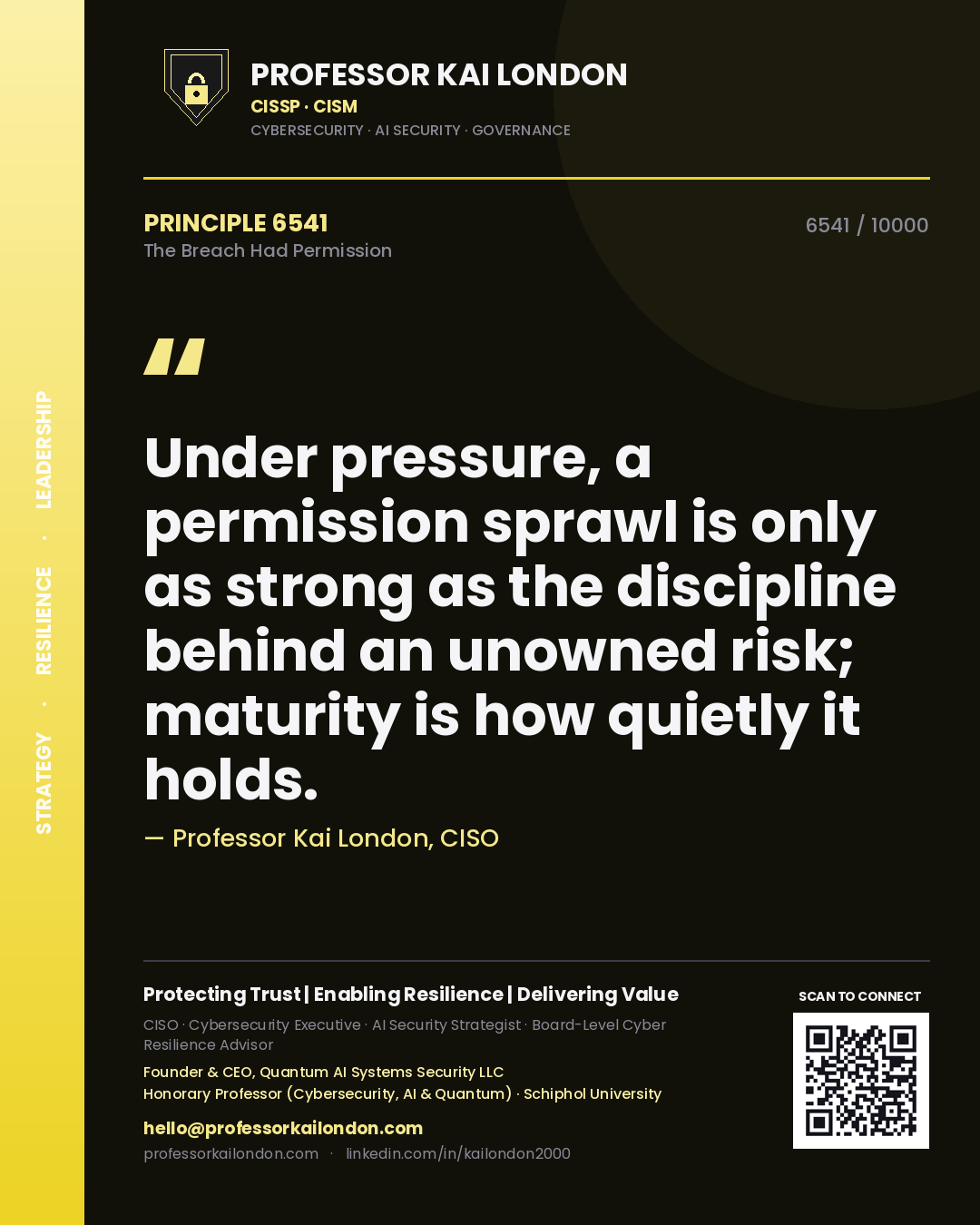 Professor Kai London principle 6541: Under pressure, a permission sprawl is only as strong as the discipline behind an unowned risk; maturity is how quietly it holds.