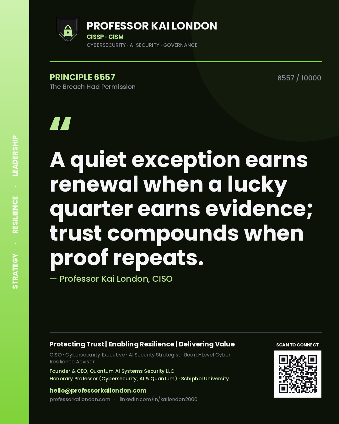 Quote card by Professor Kai London reading 'A quiet exception earns renewal when a lucky quarter earns evidence; trust compounds when proof repeats.'. From the book The Breach Had Permission.