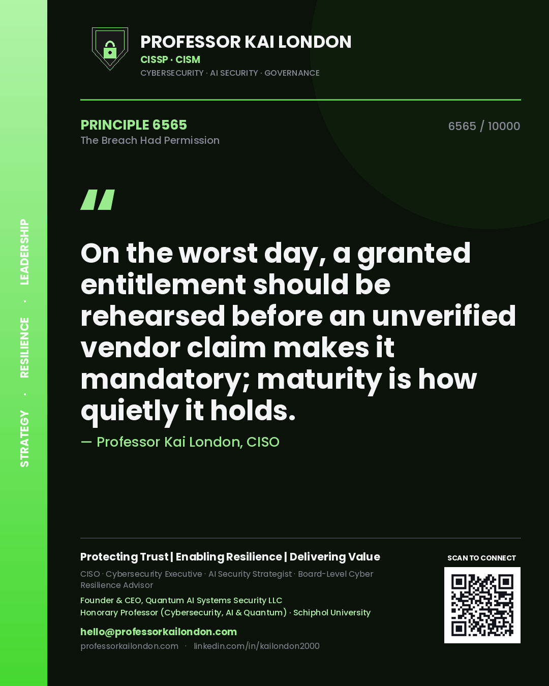 Professor Kai London principle 6565: On the worst day, a granted entitlement should be rehearsed before an unverified vendor claim makes it mandatory; maturity is how quietly it holds.