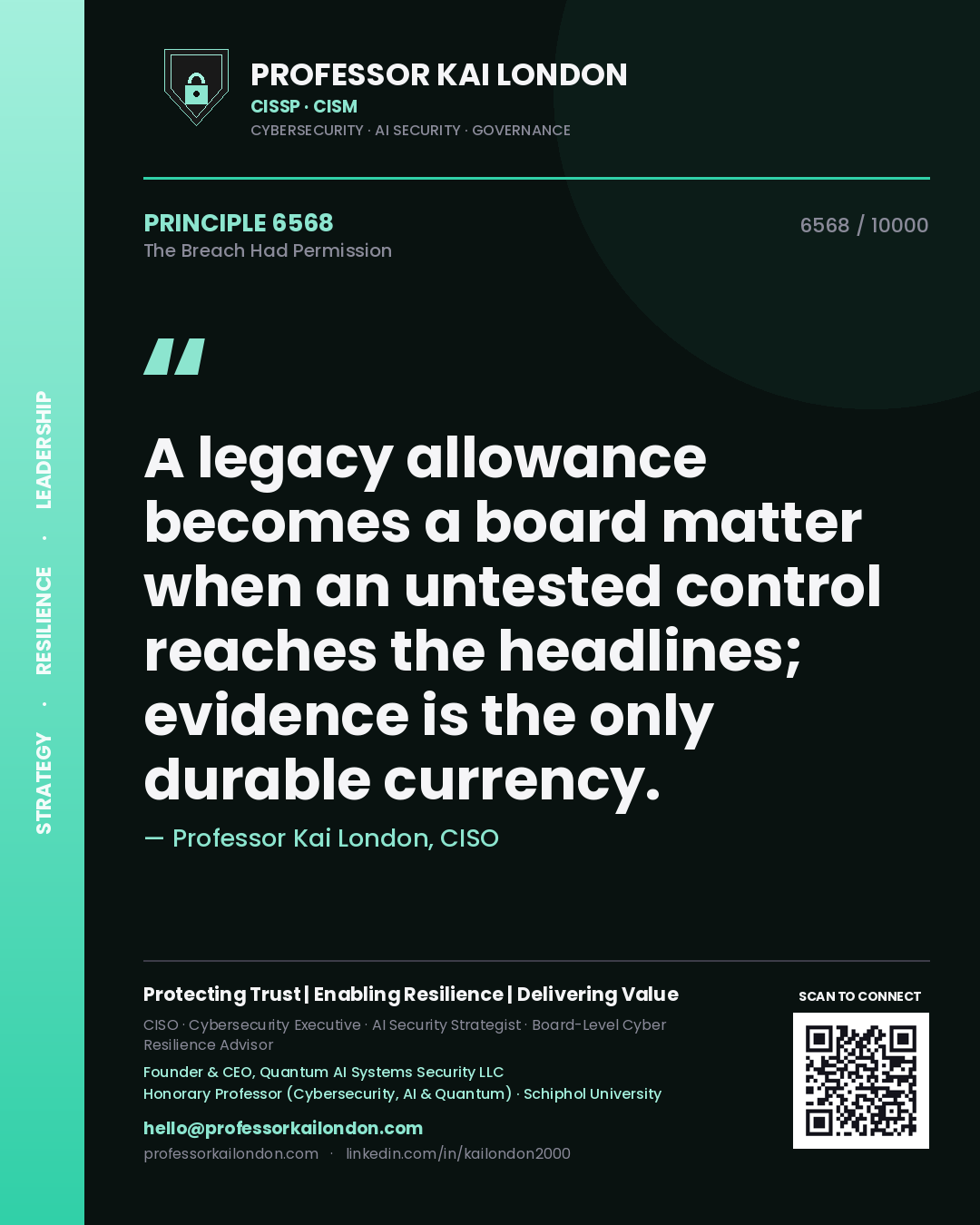 Professor Kai London principle 6568: A legacy allowance becomes a board matter when an untested control reaches the headlines; evidence is the only durable currency.