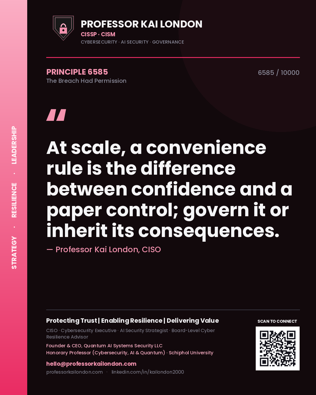 Quote card by Professor Kai London reading 'At scale, a convenience rule is the difference between confidence and a paper control; govern it or inherit its consequences.'. From the book The Breach Had Permission.