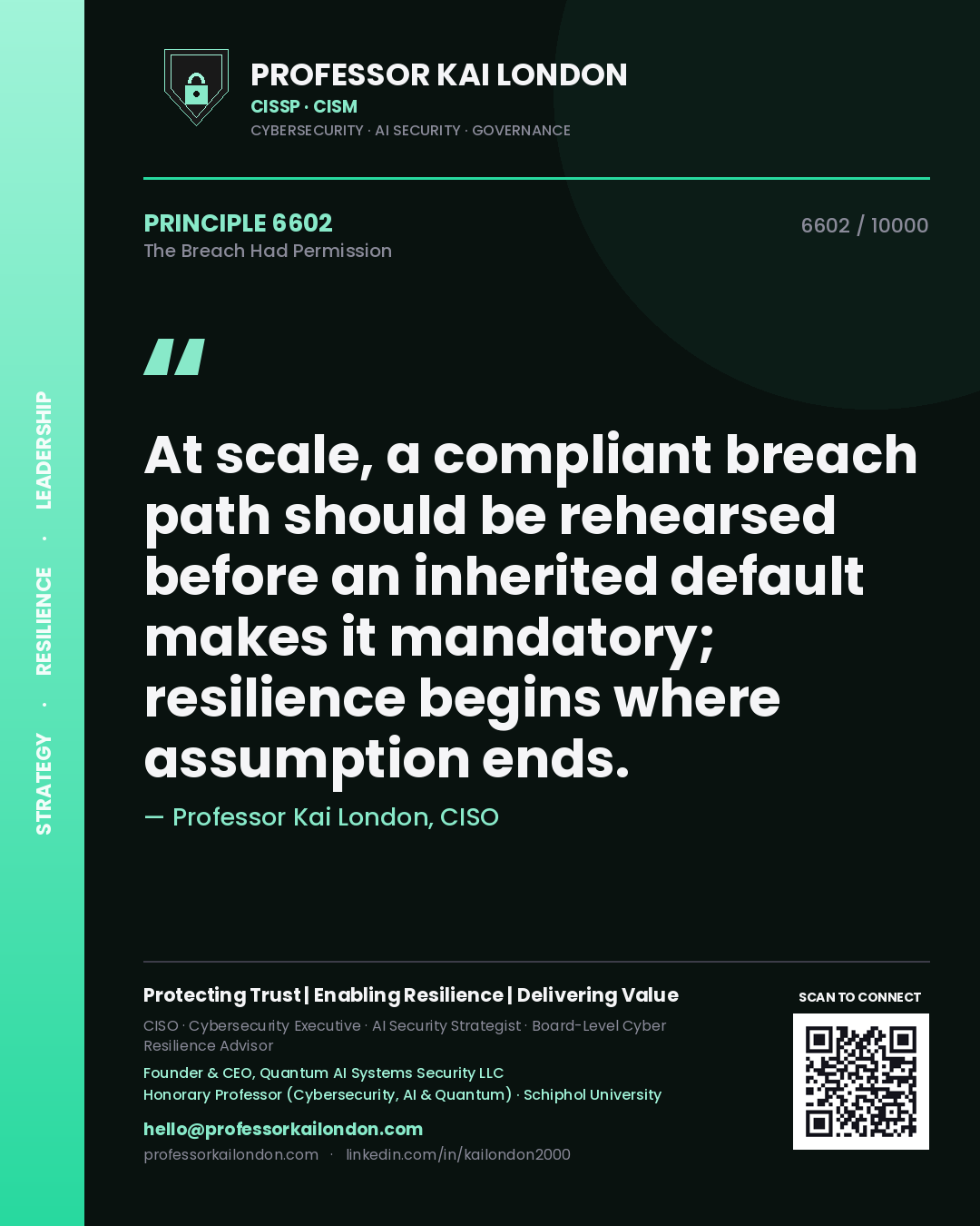 Quote card by Professor Kai London reading 'At scale, a compliant breach path should be rehearsed before an inherited default makes it mandatory; resilience begins where assumption ends.'. From the book The Breach Had Permission.