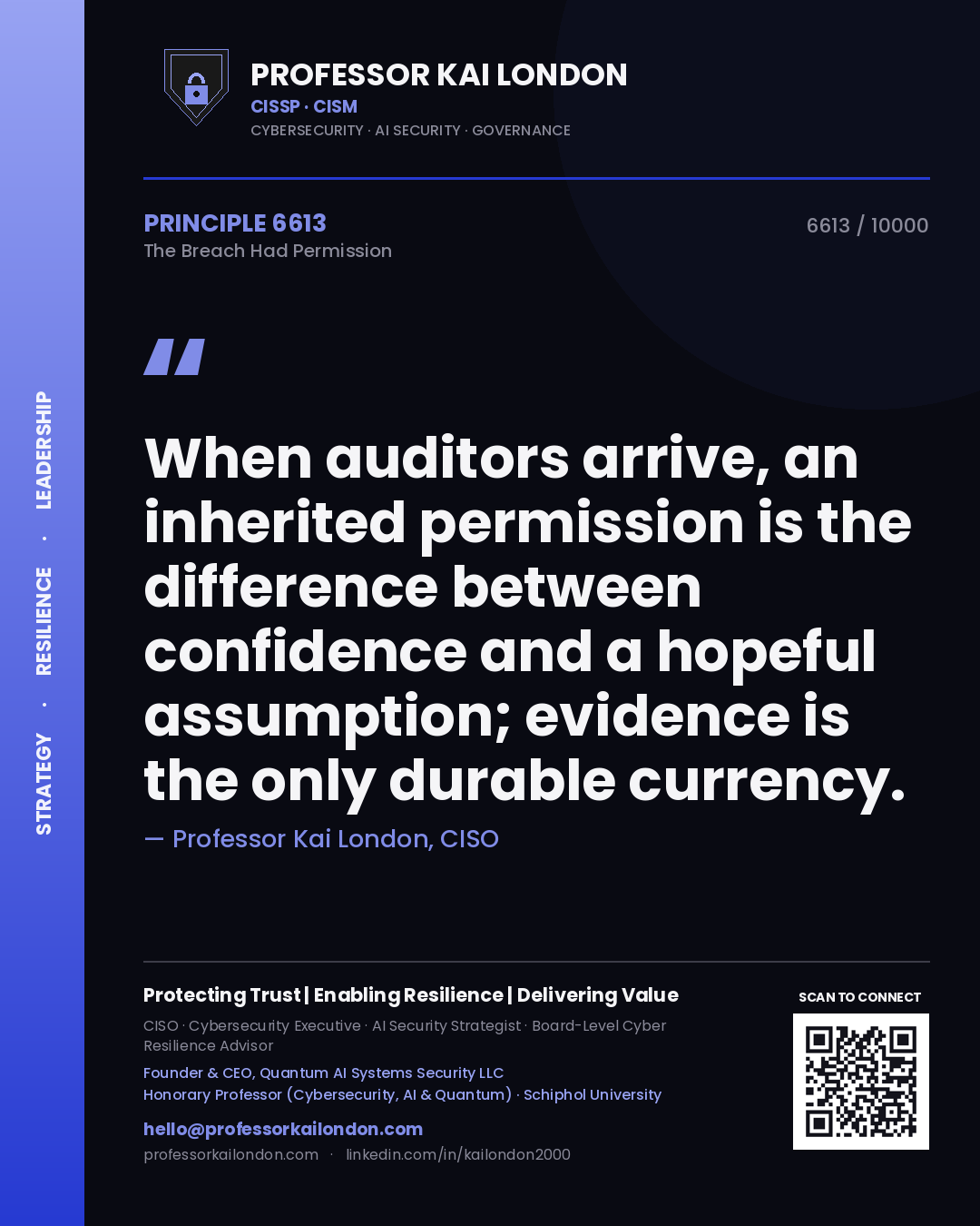 Professor Kai London principle 6613: When auditors arrive, an inherited permission is the difference between confidence and a hopeful assumption; evidence is the only durable currency.
