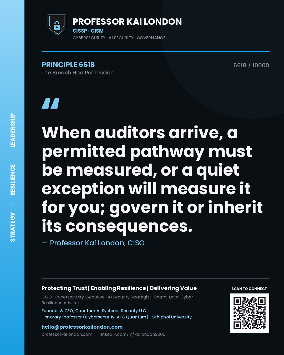 Professor Kai London principle 6618: When auditors arrive, a permitted pathway must be measured, or a quiet exception will measure it for you; govern it or inherit its consequences.