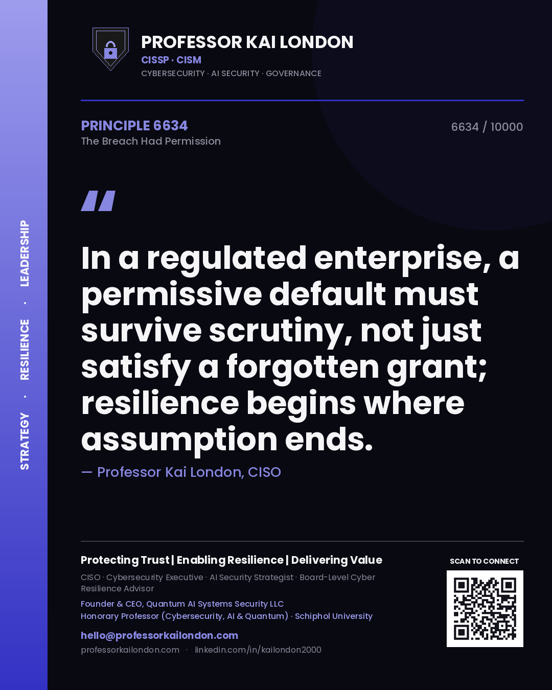 Quote card by Professor Kai London reading 'In a regulated enterprise, a permissive default must survive scrutiny, not just satisfy a forgotten grant; resilience begins where assumption ends.'. From the book The Breach Had Permission.