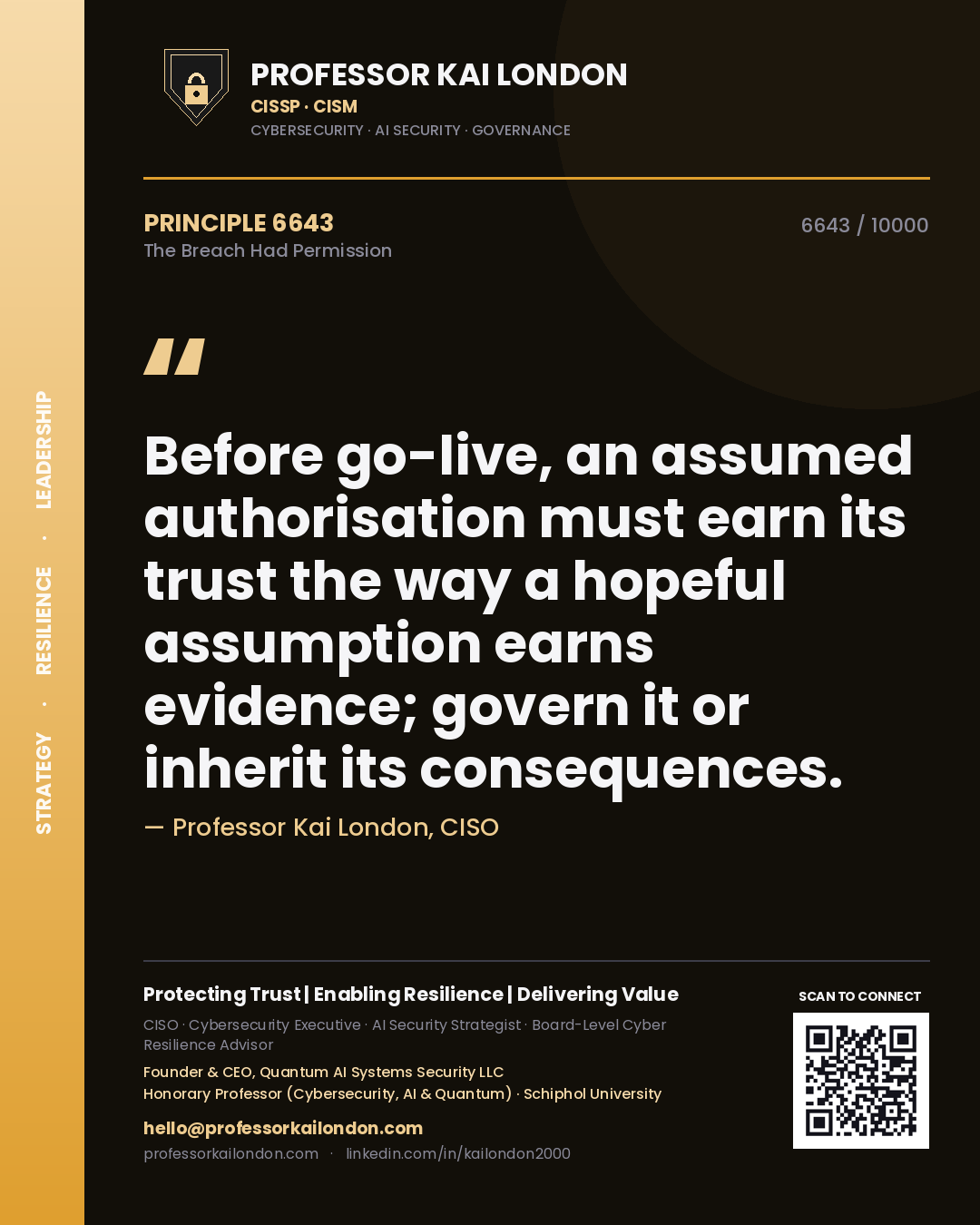 Professor Kai London principle 6643: Before go-live, an assumed authorisation must earn its trust the way a hopeful assumption earns evidence; govern it or inherit its consequences.