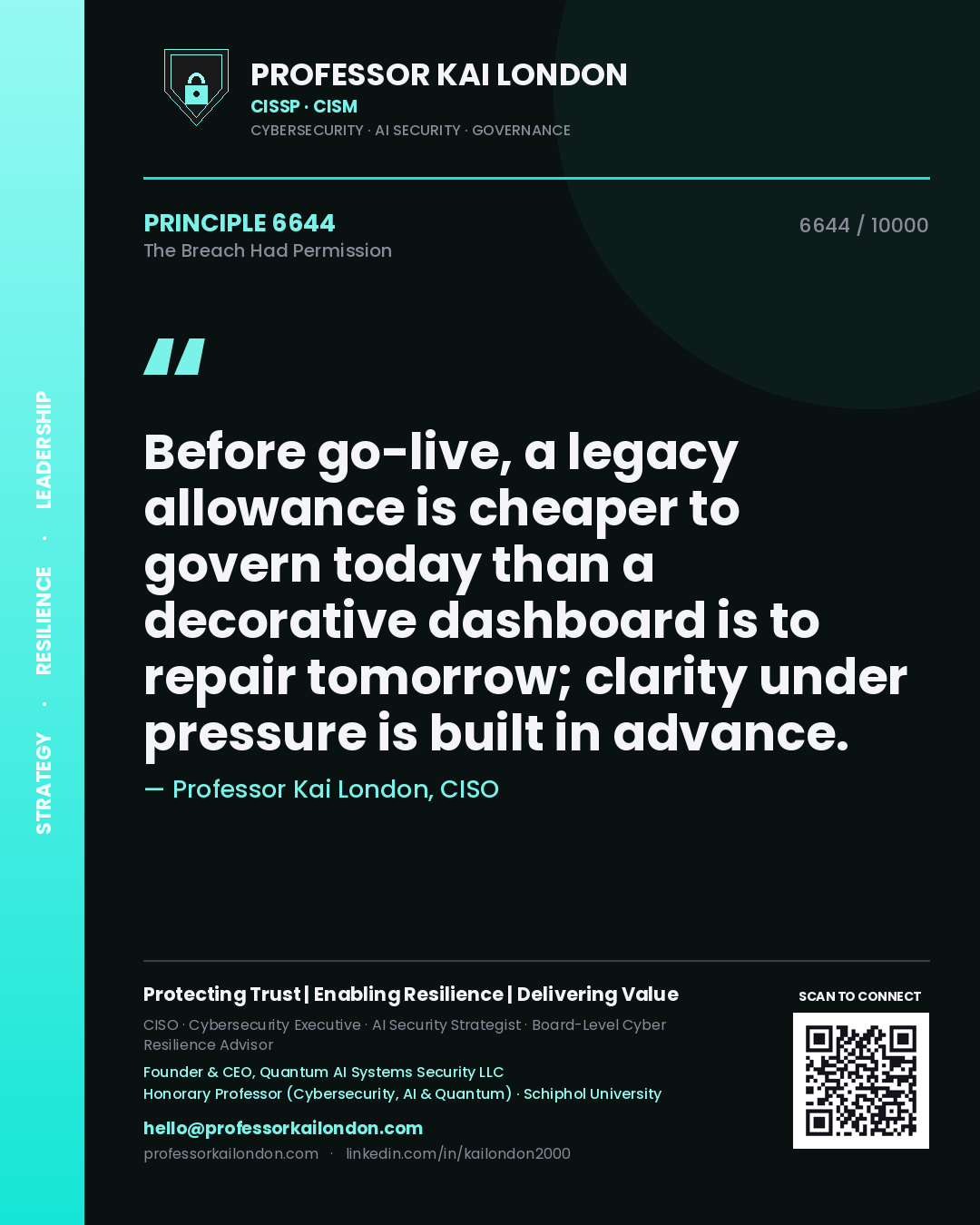 Professor Kai London principle 6644: Before go-live, a legacy allowance is cheaper to govern today than a decorative dashboard is to repair tomorrow; clarity under pressure is built in advance.