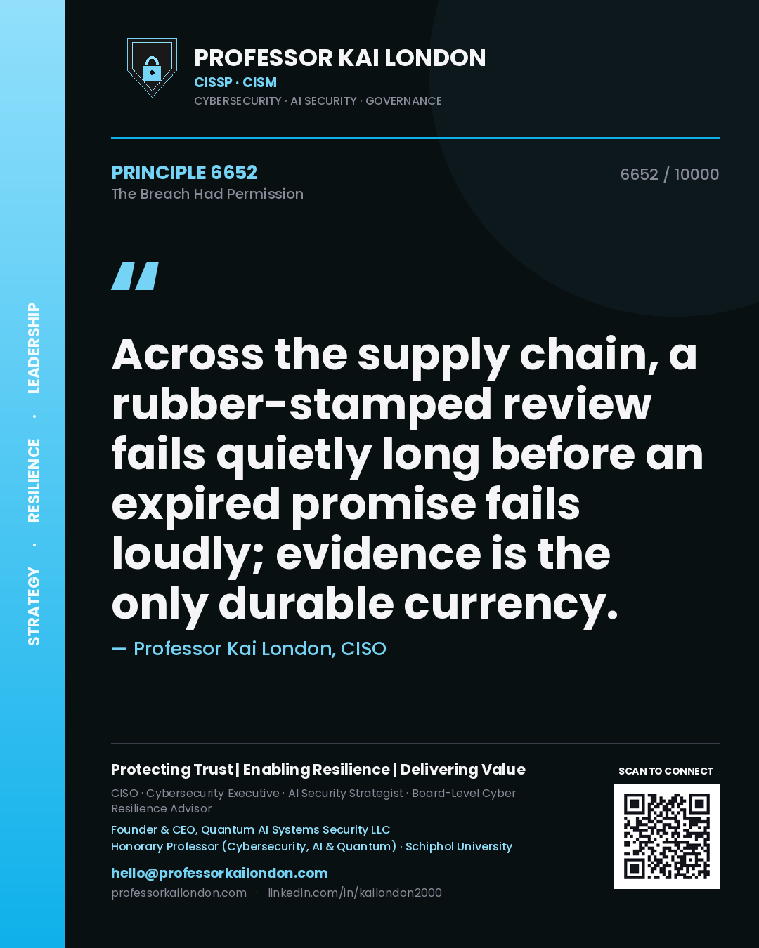 Professor Kai London principle 6652: Across the supply chain, a rubber-stamped review fails quietly long before an expired promise fails loudly; evidence is the only durable currency.