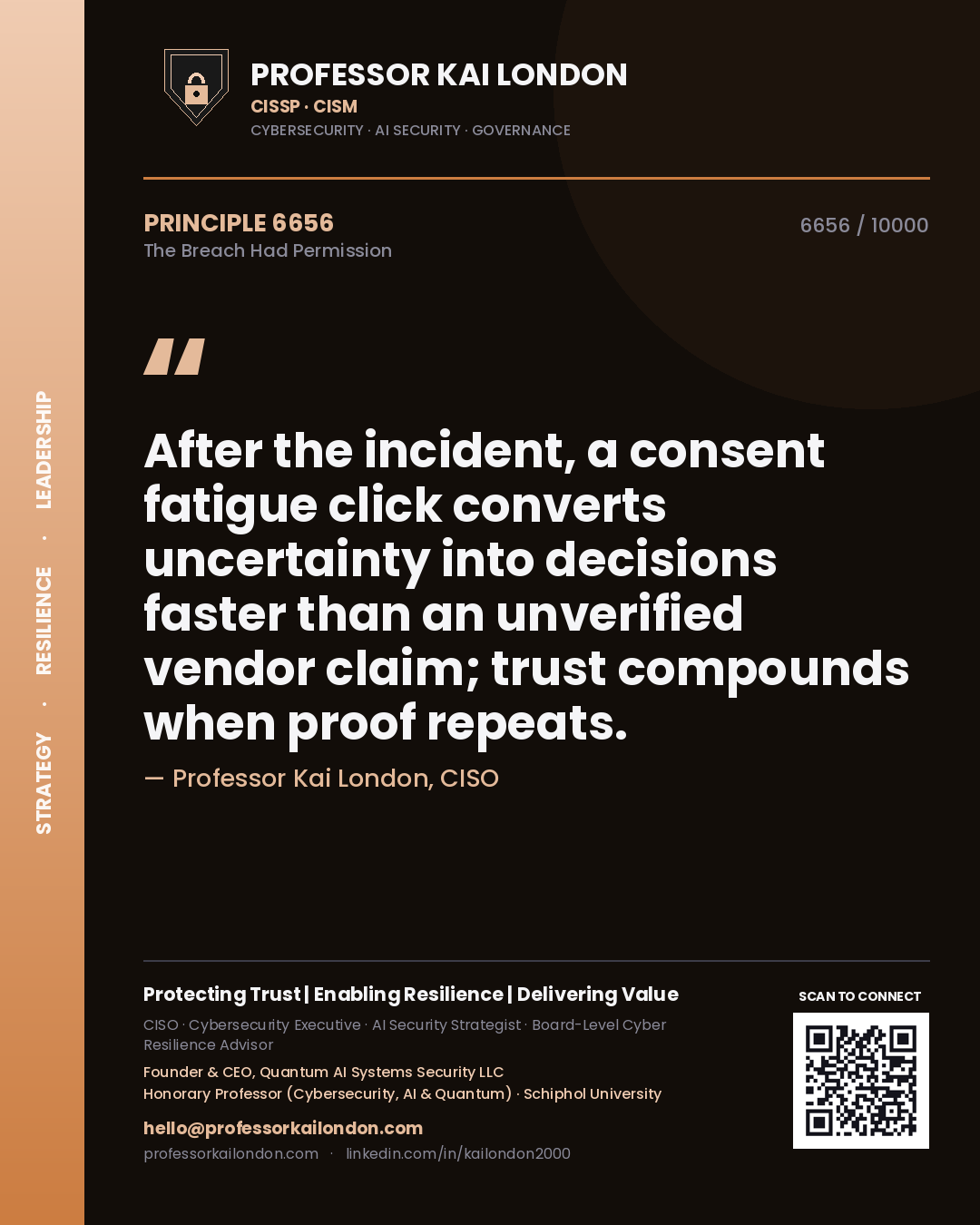 Quote card by Professor Kai London reading 'After the incident, a consent fatigue click converts uncertainty into decisions faster than an unverified vendor claim; trust compounds when proof repeats.'. From the book The Breach Had Permission.