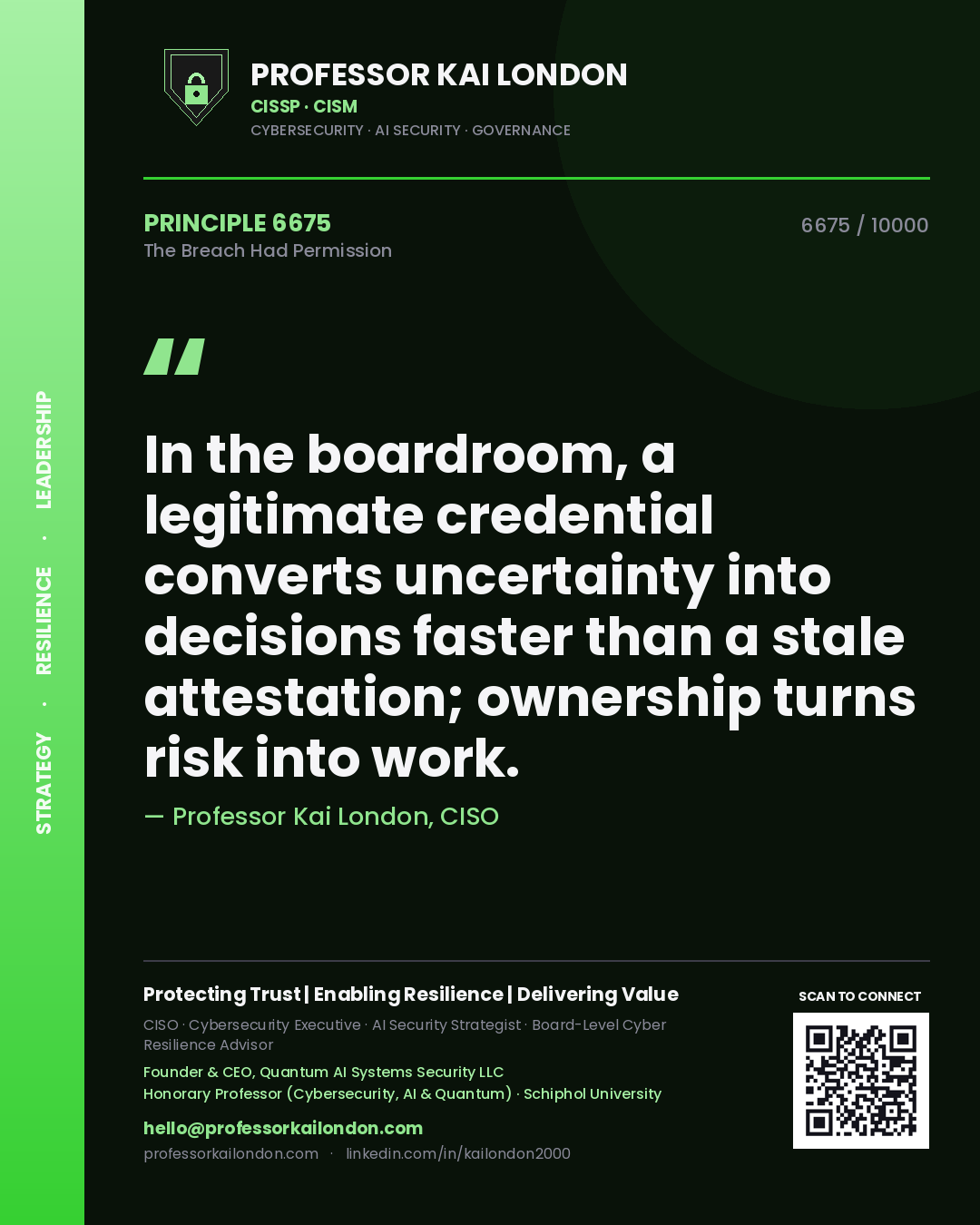 Professor Kai London principle 6675: In the boardroom, a legitimate credential converts uncertainty into decisions faster than a stale attestation; ownership turns risk into work.