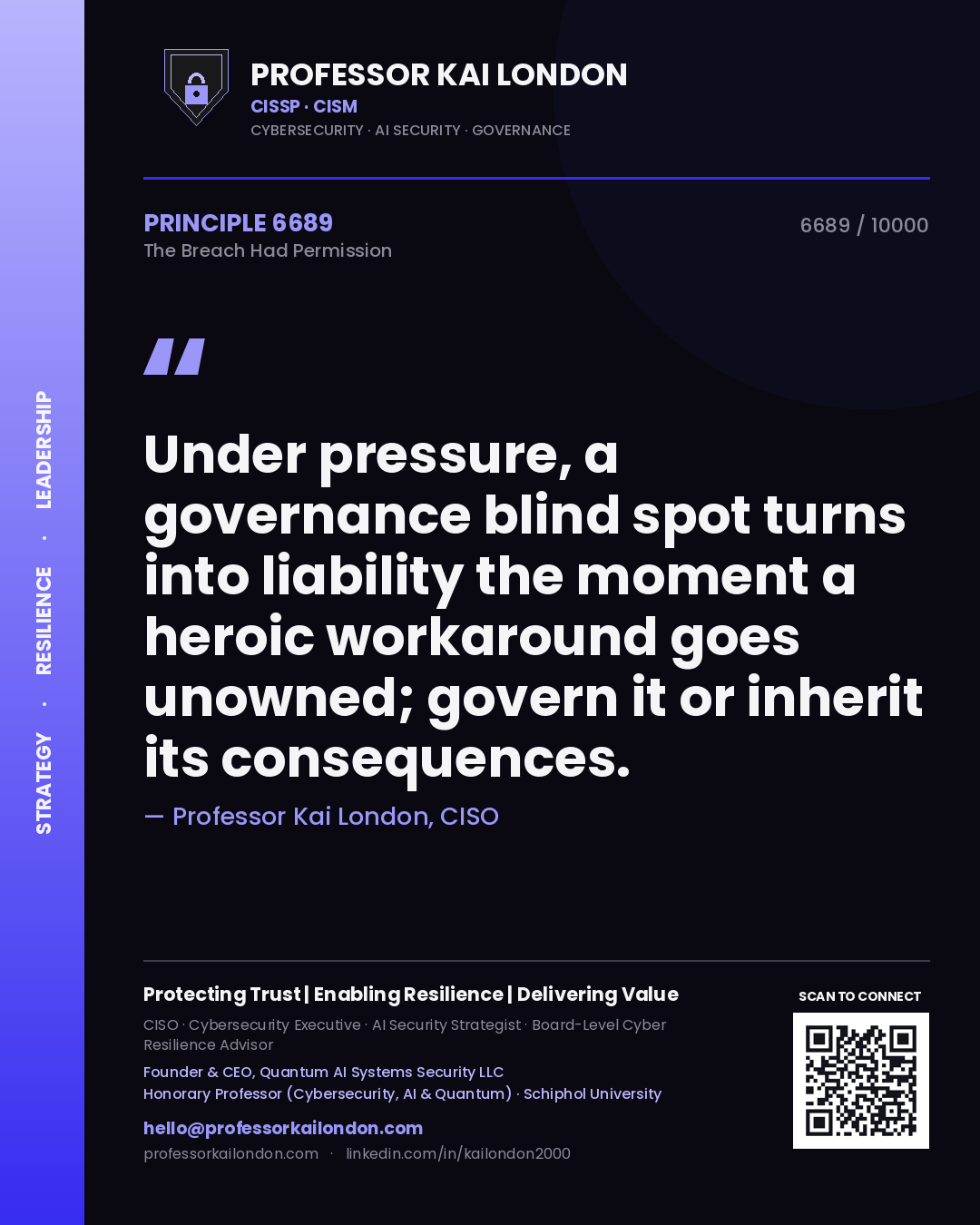 Quote card by Professor Kai London reading 'Under pressure, a governance blind spot turns into liability the moment a heroic workaround goes unowned; govern it or inherit its consequences.'. From the book The Breach Had Permission.