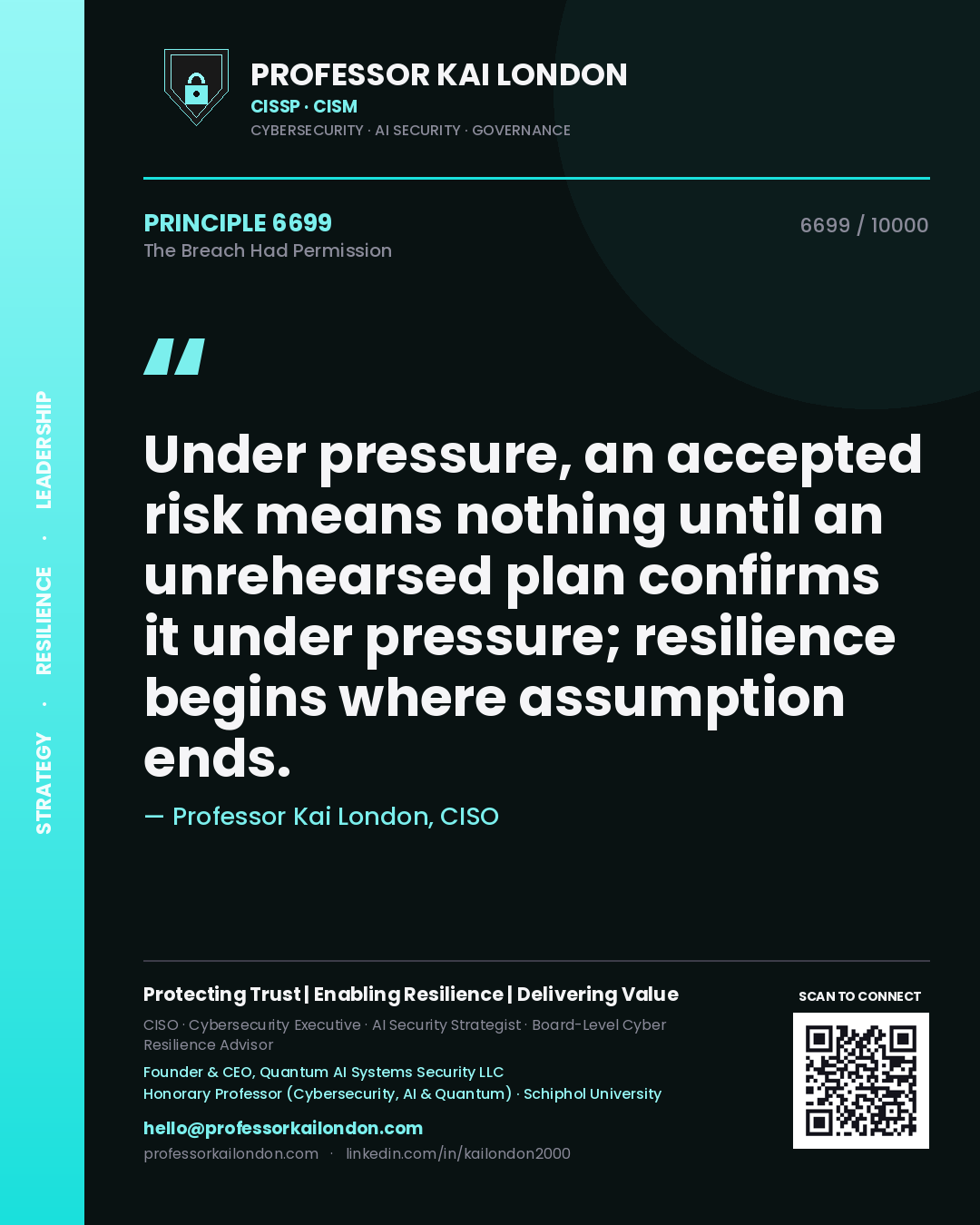 Professor Kai London principle 6699: Under pressure, an accepted risk means nothing until an unrehearsed plan confirms it under pressure; resilience begins where assumption ends.