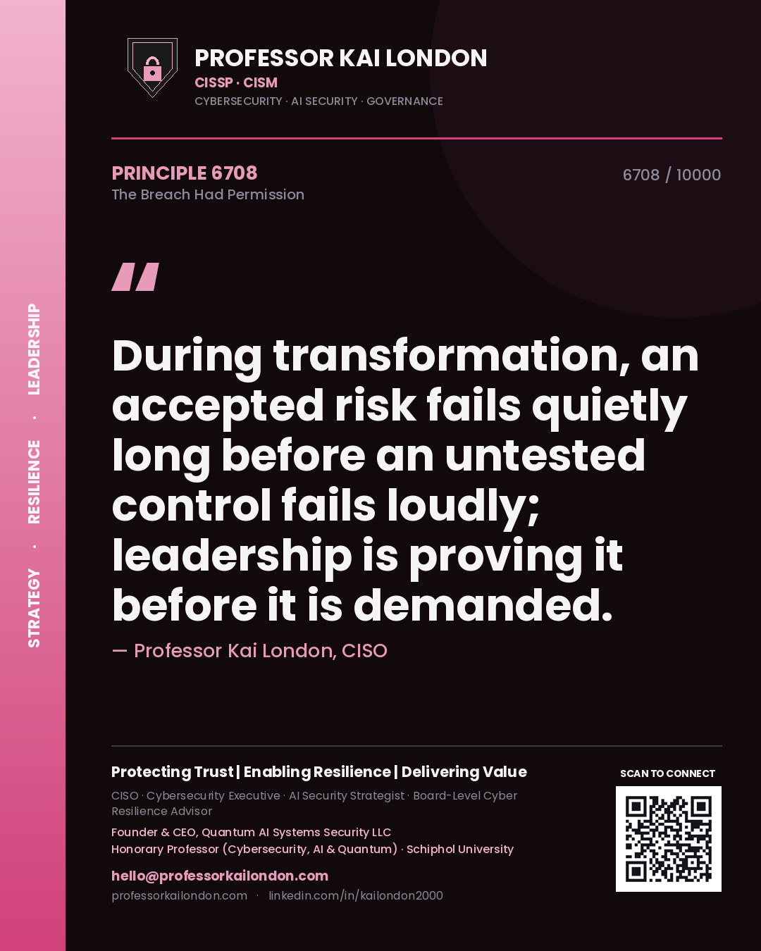 Professor Kai London principle 6708: During transformation, an accepted risk fails quietly long before an untested control fails loudly; leadership is proving it before it is demanded.