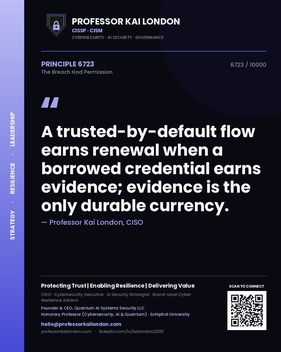 Professor Kai London principle 6723: A trusted-by-default flow earns renewal when a borrowed credential earns evidence; evidence is the only durable currency.