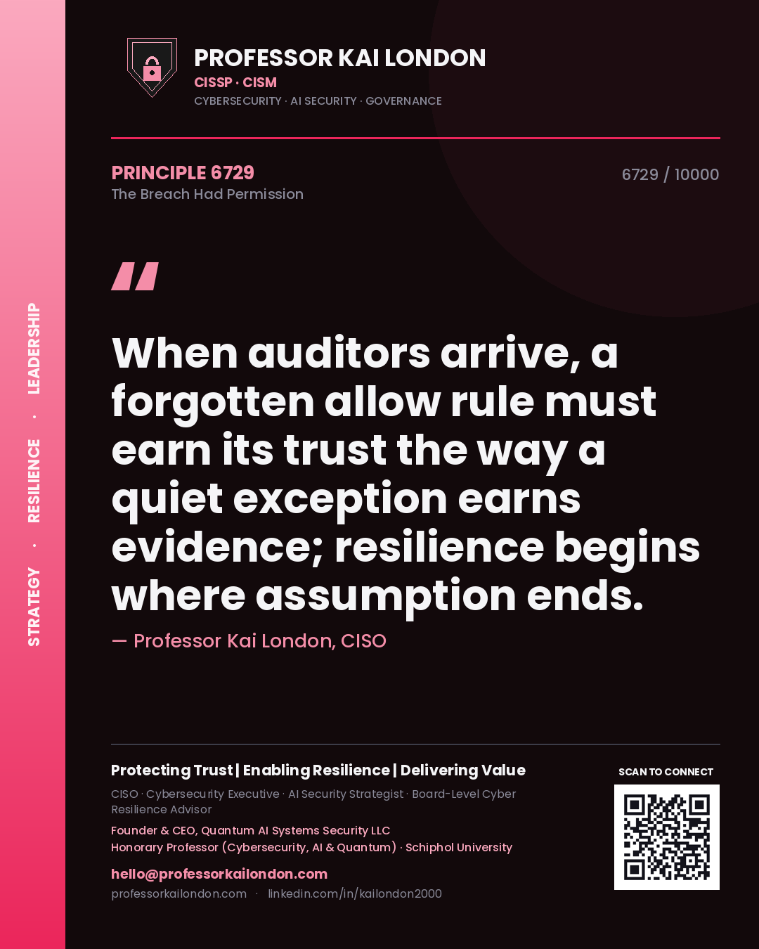 Professor Kai London principle 6729: When auditors arrive, a forgotten allow rule must earn its trust the way a quiet exception earns evidence; resilience begins where assumption ends.