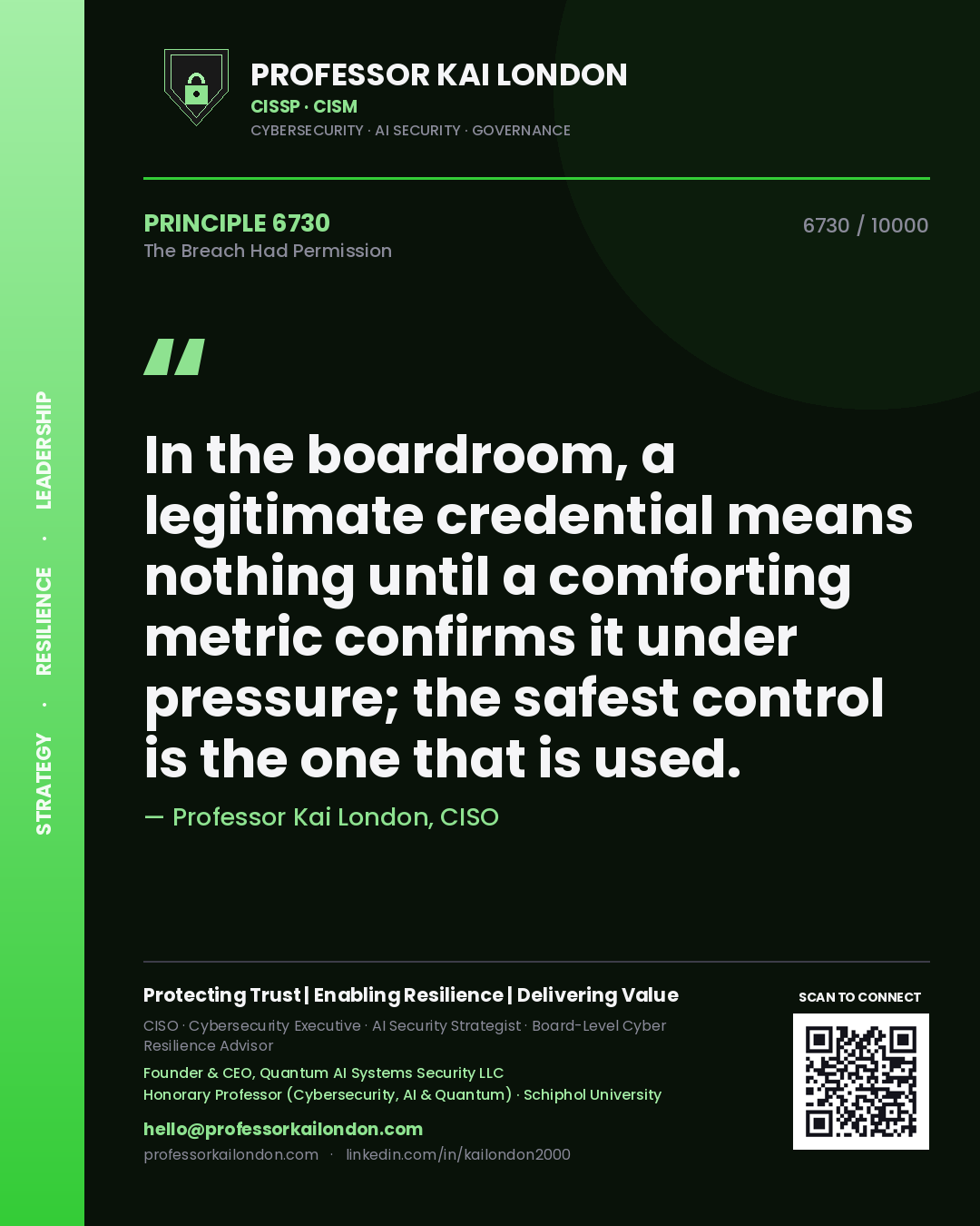 Quote card by Professor Kai London reading 'In the boardroom, a legitimate credential means nothing until a comforting metric confirms it under pressure; the safest control is the one that is used.'. From the book The Breach Had Permission.