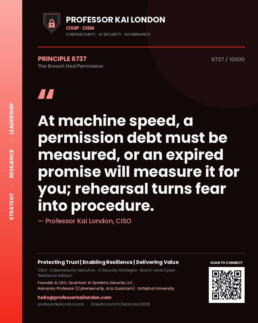 Quote card by Professor Kai London reading 'At machine speed, a permission debt must be measured, or an expired promise will measure it for you; rehearsal turns fear into procedure.'. From the book The Breach Had Permission.